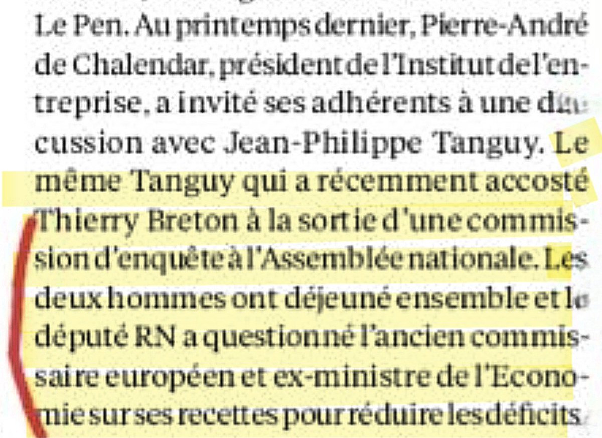 🤮LE RN DEMANDE CONSEIL À...
THIERRY BRETON !
L'Express du 12/12/25 publie des confidences sur les liens entre le RN, les milliardaires et les milieux d'affaires.
On apprend ainsi que le député Tanguy a déjeuné, à sa demande, avec l'ex Commissaire🇪🇺 Thierry Breton
pour savoir