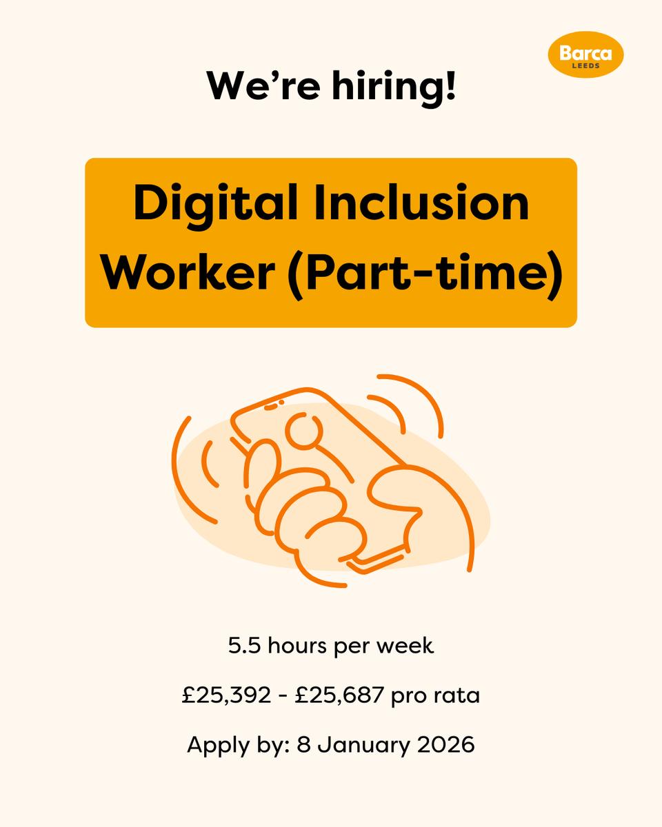 BARCALeeds's tweet photo. We’re hiring: Digital Inclusion Worker (Part-Time) 💻 

Are you passionate about helping people get online and build digital confidence? Join our team and make a difference at our Bramley Community Drop-in and Digital Support Hub!

Apply now: https://t.co/oVhuqYapEu

#LeedsJobs https://t.co/BcmsuS1xOf