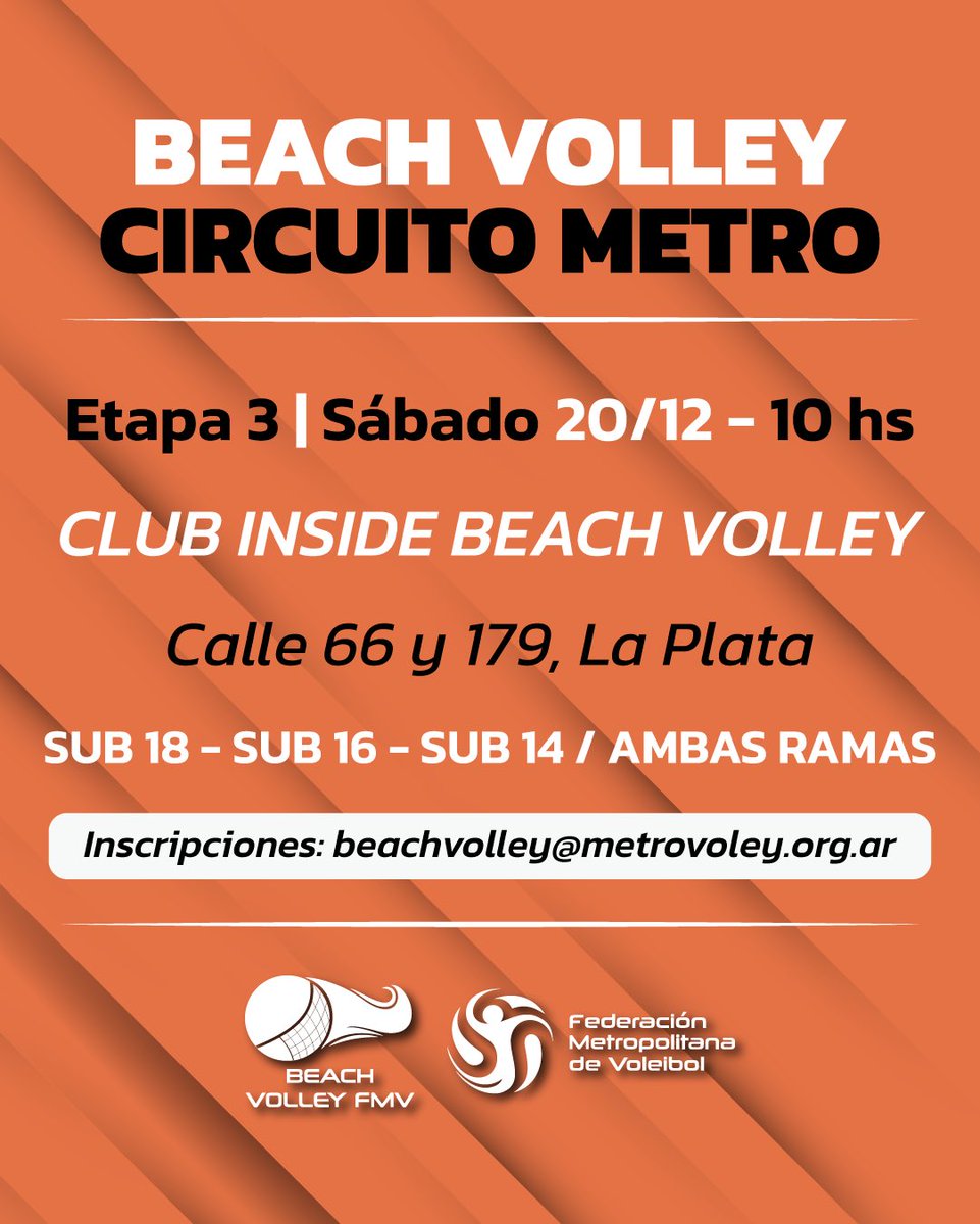 🙌 ¡Sigue el Circuito Metropolitano de #BeachVolley! 

👉 Se viene la tercera etapa en La Plata. 🏐🔥

🔜 Sábado 20 de diciembre
📍 Sede: Club Inside

📩 Inscripción: beachvolley@metrovoley.org.ar