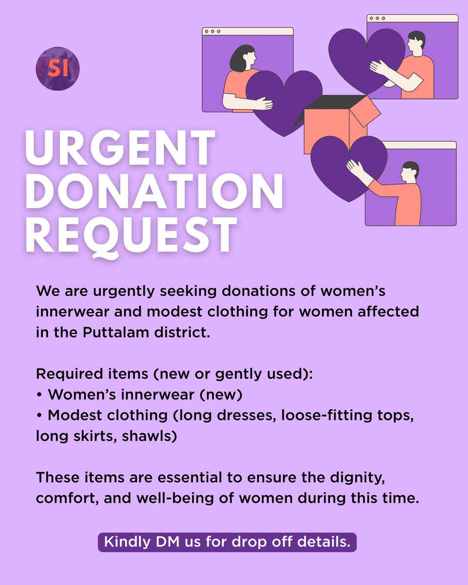 Sisterhood Initiative is accepting donations of women’s innerwear and modest clothing for women affected in the Puttalam district. These essentials help uphold dignity and comfort during this time of need. 
If you’re able to support, please DM us for details.