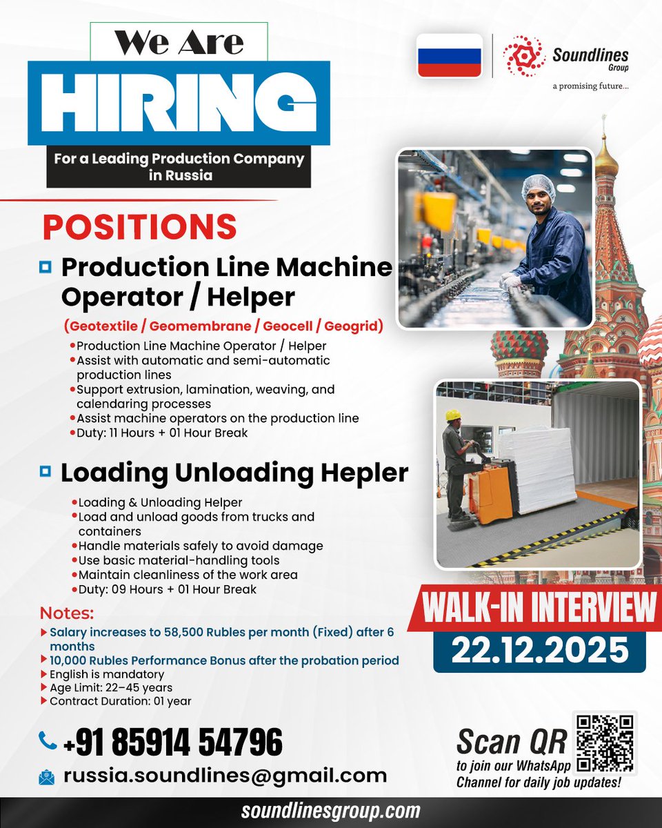We Are HIRING

For a Leading Production Company in Russia

📌 To apply kindly send your resume to russia.soundlines@gmail.com

📌 Positions:

✔️Production Line Machine Operator / Helper

✔️Loading &amp; Unloading Helper

#russia #russiajobs #jobseekers #JobSearch2025 #omanjobs
