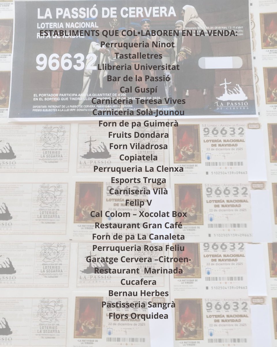 passiodecervera's tweet image. Tenim Loteria de Nadal! 🍀
Aquest any juguem amb el 96632 ✨

👉 Podeu comprar participacions i també dècims amb el logo de La Passió 
Gràcies a tots els establiments que col·laboren en la venda 📸

No et quedis sense el teu número i comparteix sort, comparteix La Passió! 🍀