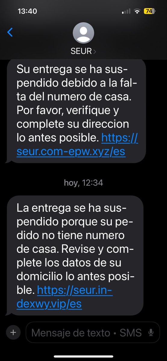 graffiterista's tweet photo. Hola @SEUR_responde llevo días recibiendo SMS que me parecen pishing (ver foto). Espero un paquete pero hasta donde tengo constancia no lo entrega su compañía. No voy a entrar en el enlace a pesar de haberlo recibido desde el número que ustedes usan. Me confirman todo OK? https://t.co/WhQ0wHNbua