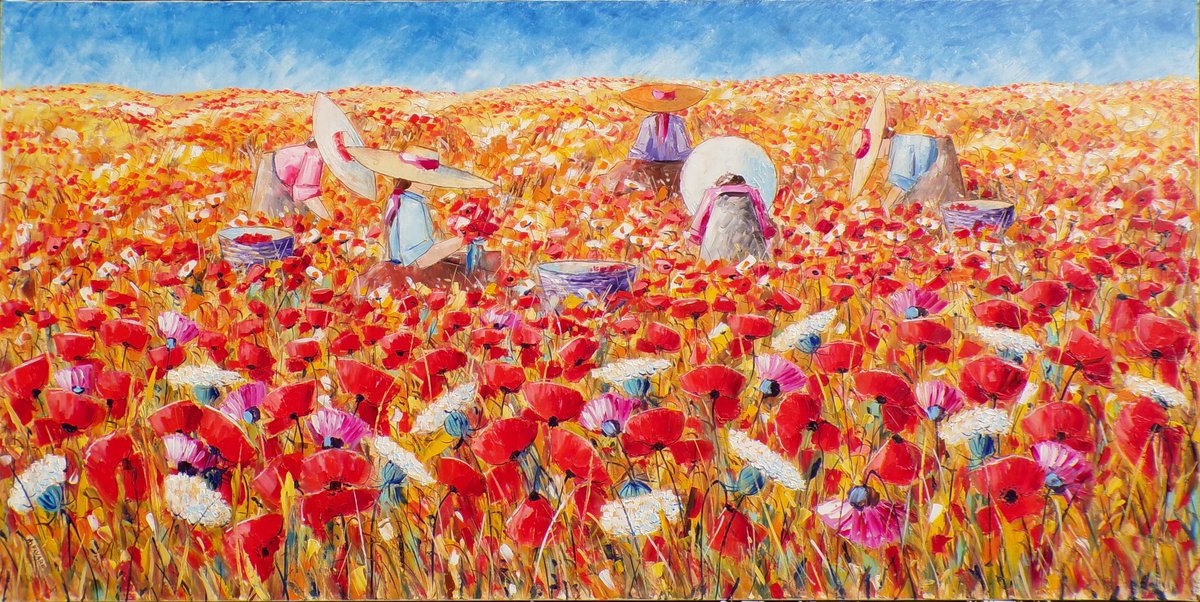 Pubblico un mio dipinto ad olio su tela, " Figure tra i papaveri ", cm 60x120.