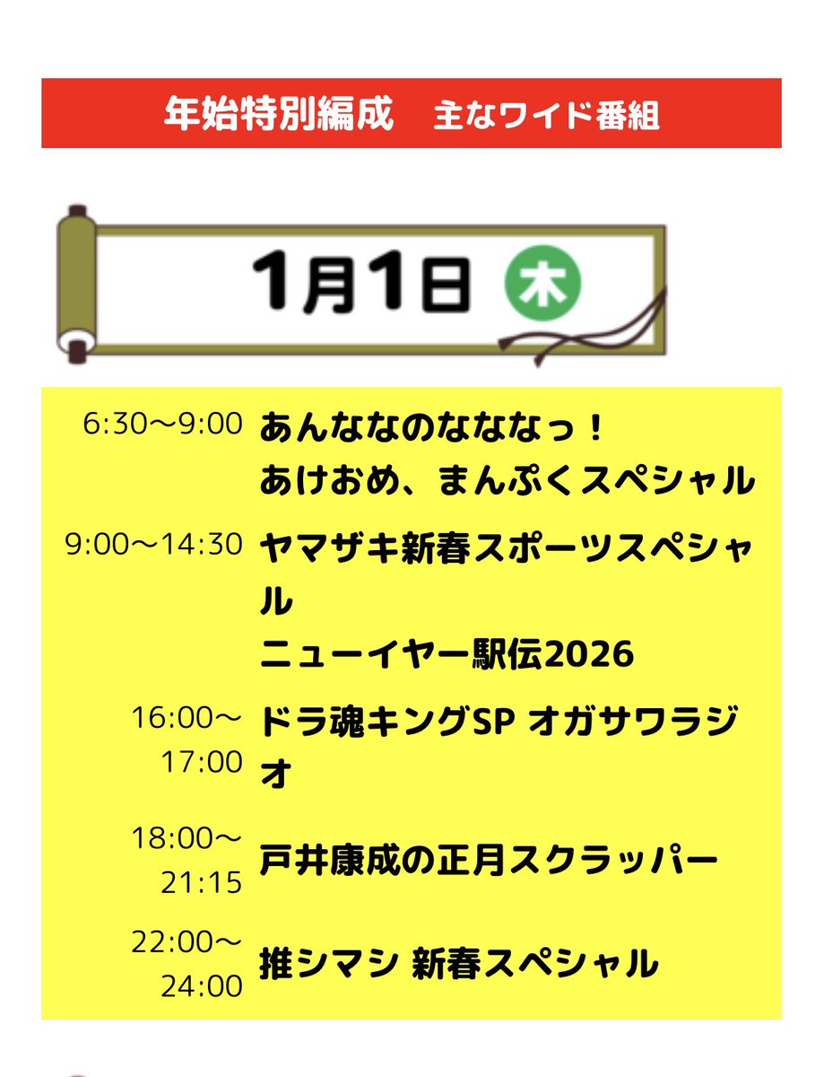 ★年末年始の番組スケジュールです❗️

#木曜スクラッパー は「正月スクラッパー」

新年1日18時〜21時15分迄の生放送♪

内容に関しましては現在アレコレ思考中！決まり次第レギュラー放送で発表します　皆さんよろしく〜❗️

追伸　後輩タレントに「謎の棒」を買わされた…なんだこの棒…？#CBCラジオ