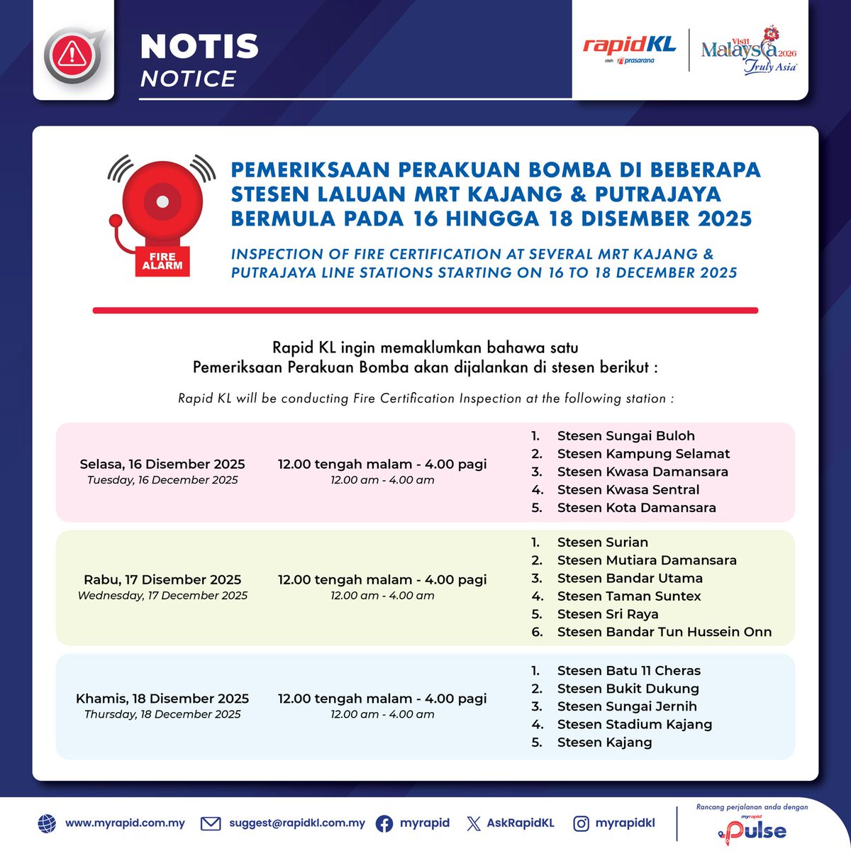 askrapidkl's tweet photo. Pemeriksaan Perakuan Bomba Dijalankan Di Beberapa Stesen Laluan Putrajaya & Kajang pada 16 hingga 18 Disember 2025.
Rujuk poster untuk info lanjut. #RapidKL #PYL #KGL https://t.co/tYz6nezN4A