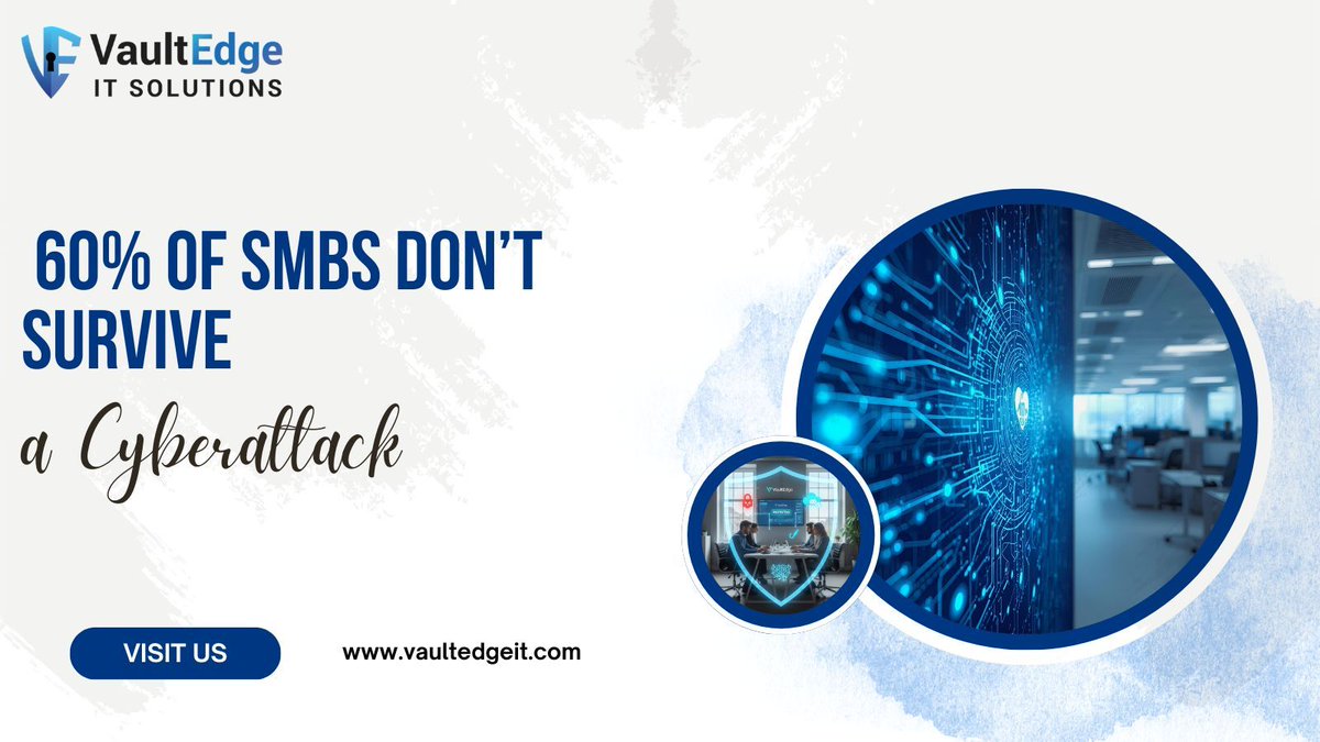 VaultEdgeIT's tweet photo. 60% of small businesses shut down within 6 months of a cyberattack.
In 2025, SMB cybersecurity isnโt optionalโitโs survival. Ransomware, phishing, and AI-driven attacks are rising.
๐https://t.co/XgI3av3mOy
#Cybersecurity #SmallBusiness #ITSecurity #VaultEdgeIT #TechSolutions https://t.co/V30Xx8zpnr