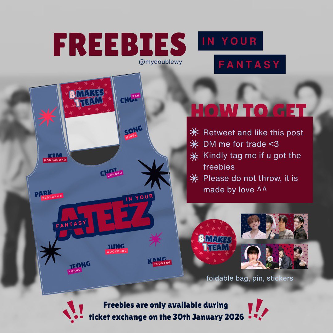 [retweet &amp; like are vvv appreciated]

✧₊⁺ ATEEZ IN YOUR FANTASY JAKARTA FREEBIES
by <a href="/mydoublewy/">way ♡🐾</a> ୭ ˚. ᵎᵎ

📍ICE BSD, Jan 30th 2026 
(Only avail during ticket exchange)

✿ details on pict

seeee uuu atinyy syg⸜(｡˃ ᵕ ˂ )⸝♡
#InYourFantasy_JKT #ATEEZinJKT