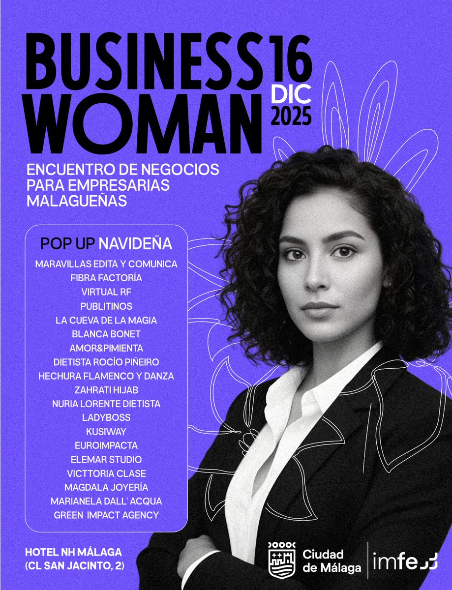 malagaimfe's tweet image. 👩🏻‍💻 ¡Nos vemos mañana en Business Woman #Málaga!

🎄 Casi una veintena de #empresarias expondrán sus #productos en una muestra abierta al público.

📅 Martes 16 de diciembre
📌 Hotel NH Malaga (Calle San Jacinto, 2)
⏰ De 10:00 a 14:00h

#Málaga #IMFEMálaga
@malaga @MalagaComercio