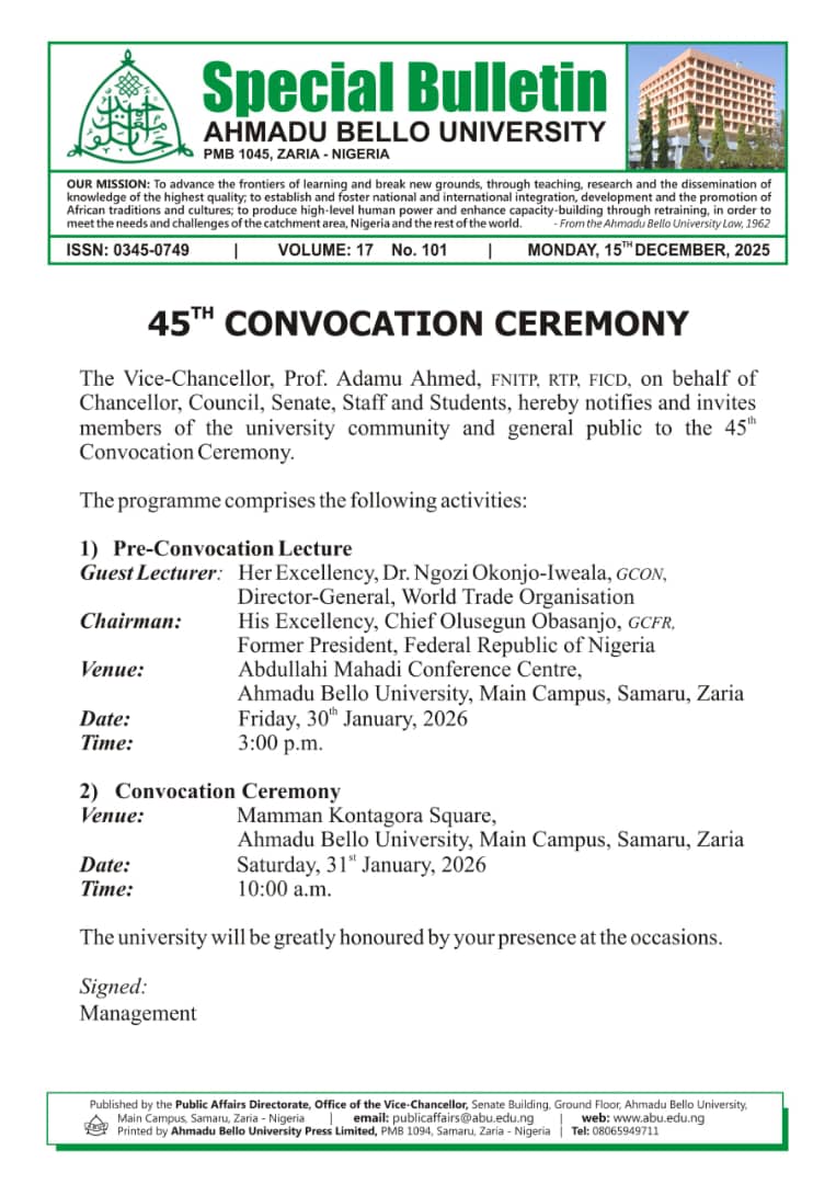ABU 45th Convocation Ceremony

<a href="/ABUZaria_DUA/">Directorate of University Advancement, ABU Zaria</a>