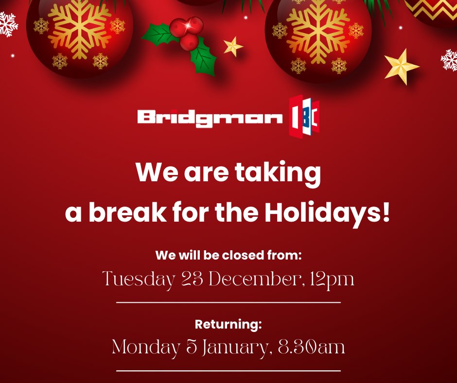 🎄 𝗖𝗵𝗿𝗶𝘀𝘁𝗺𝗮𝘀 𝗖𝗹𝗼𝘀𝘂𝗿𝗲 🎄

Please note that we will be closing for the Christmas break next Tuesday at 12:00pm, and will reopen on Monday 5th January at 8:30am.