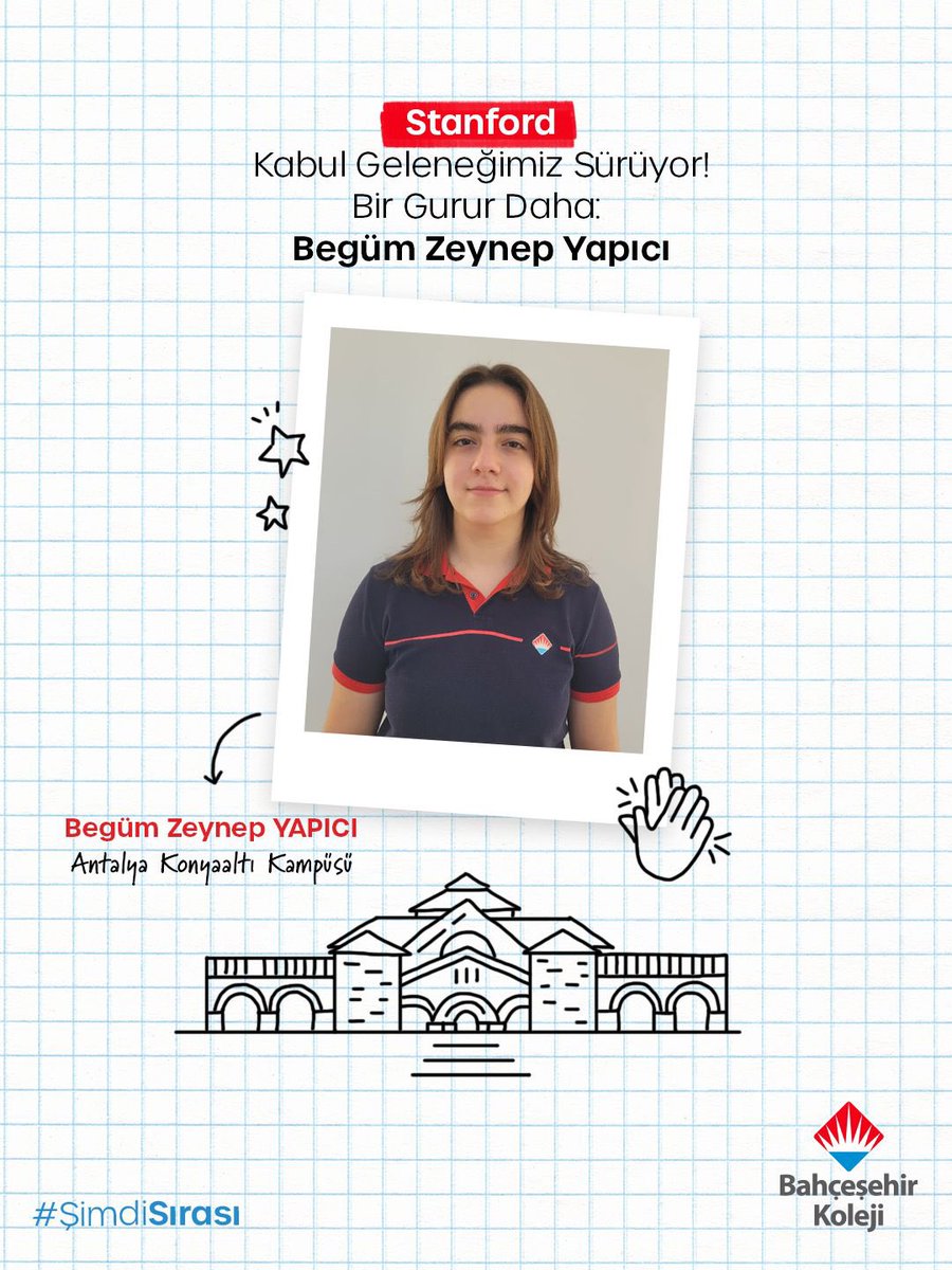 Bahçeşehir Koleji öğrencimiz Begüm Zeynep Yapıcı, Stanford Üniversitesi’nden aldığı kabul ile Bahçeşehir Kolejinin uluslararası başarı geleneğine bir gurur daha ekledi. 

Bu önemli başarıyla bizleri bir kez daha gururlandıran öğrencimizi tebrik ediyor, başarılarının  devamını