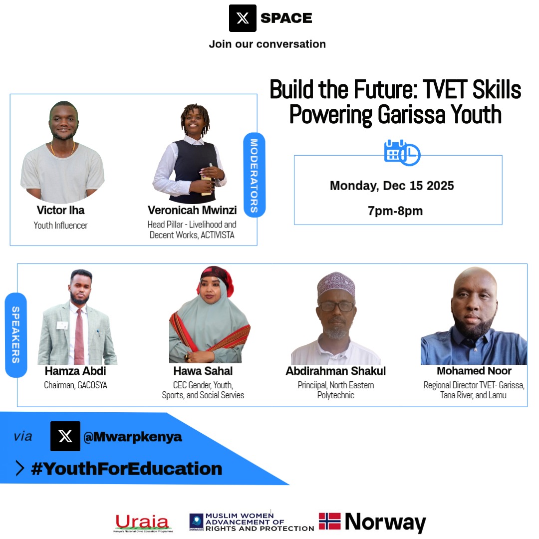 #YouthForEducation edition is going down today! Don't miss to join us as we unpack TVET skills powering Garissa Youth.
<a href="/Ambmohamednoor2/">Amb Mohamed Noor</a> <a href="/hamzamahatabdi/">Hamza Abdi Mahat</a> <a href="/MrOyow/">Abdullahi_Deen</a> <a href="/VerohMutheu_/">Veroh Mutheu</a> <a href="/Dynamic_tales/">Daiman Dakane</a> <a href="/Hawasahal2022/">Hon Hawa Sahal</a> <a href="/GarissaUni/">Garissa University</a> <a href="/Garissapress/">Garissa County Press Unit</a> <a href="/TVETAKenya/">TVET Authority Kenya</a> <a href="/Muoria_Dr/">PS TVET Dr. Esther Muoria</a> <a href="/Maskani254/">Maskani Ya Taifa 🇰🇪</a> <a href="/UNDP4Youth/">UNDP Youth</a>