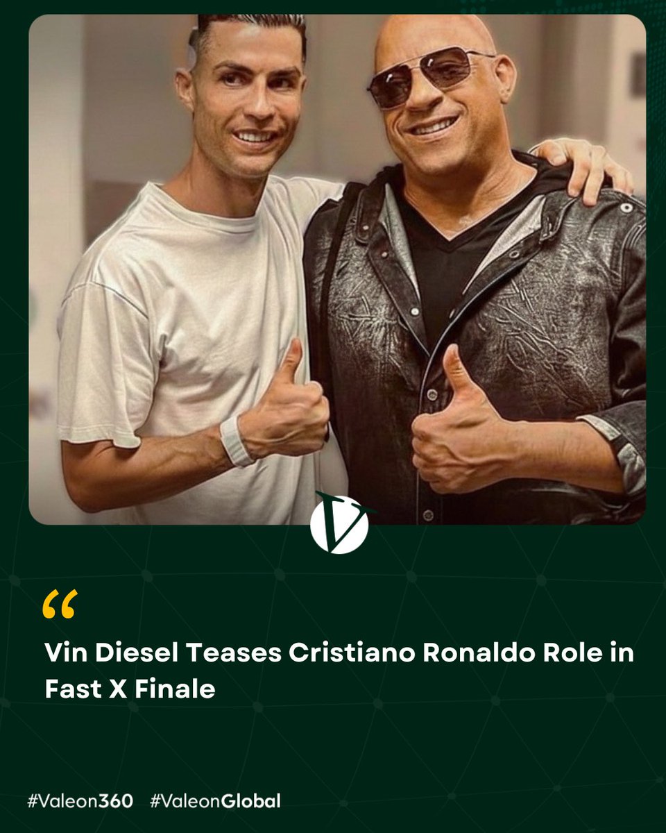 valeon360's tweet image. Vin Diesel teased a special role for football legend Cristiano Ronaldo in Fast X: Part 2, slated for April 2027—fueling excitement for a possible high-octane crossover. 🚗⚽🔥

#VinDiesel #CristianoRonaldo #FastXPart2 #MovieBuzz #v360 #v360news