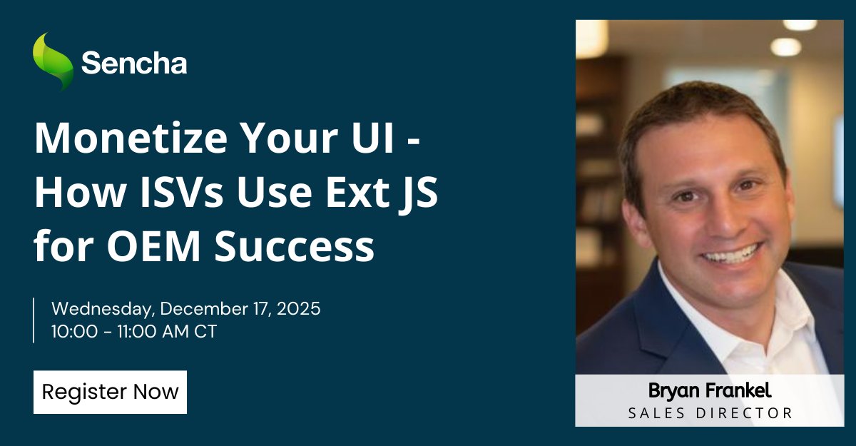 Sencha's tweet image. ⏳ 2 days left.

Scaling breaks fast when the framework isn’t built for it.
Learn how ISVs embed Ext JS for long-term stability — plus OEM pricing strategies that actually work.

This session = real insights, no fluff.
👉 Reserve your spot: tinyurl.com/45nww6p9 

#ExtJS #ISVs…