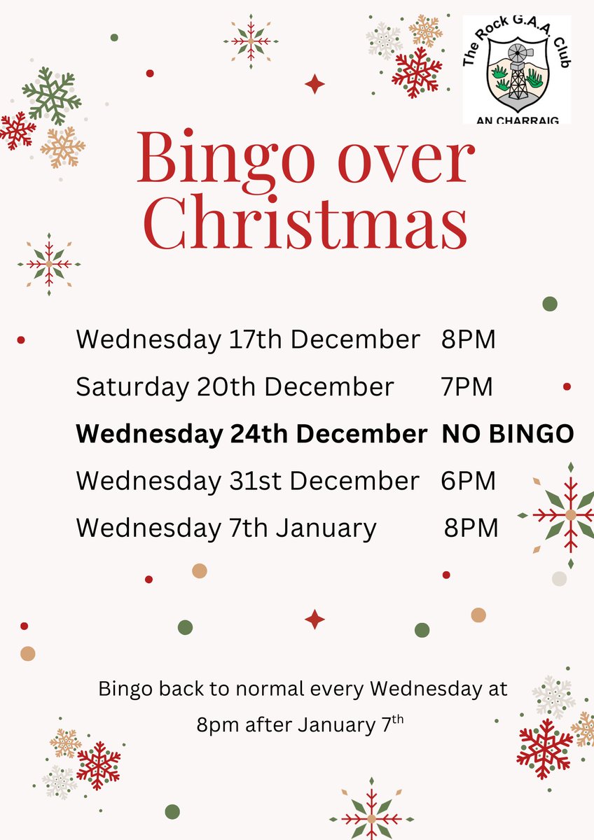 Reminder of bingo this week and our upcoming dates over Christmas ⚫️🔴🎄