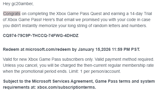 I have no care for this, anyone else wanna try it out? Can only be used with NEW subs, 14 days free. #XboxGamePass