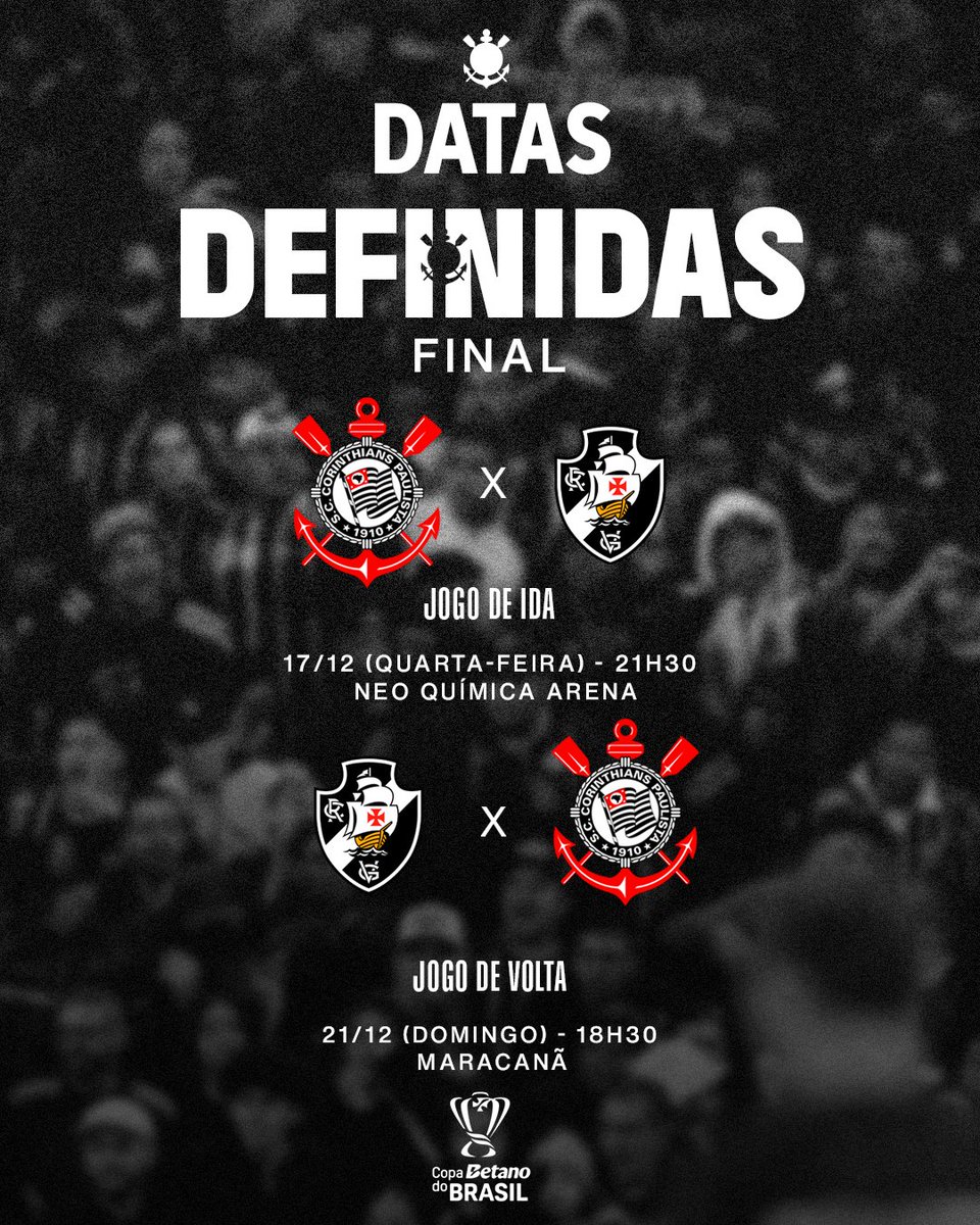 Corinthians's tweet photo. DATAS E HORÁRIOS DAS FINAIS DEFINIDOS! ☑️

A CBF divulgou os detalhes dos jogos de ida e volta da decisão da Copa do Brasil, Fiel! 🏴🏳️

As informações de ingressos para o jogo na Neo Química Arena serão divulgados em breve. 🎟️

#VaiCorinthians https://t.co/9oVipE0lZY