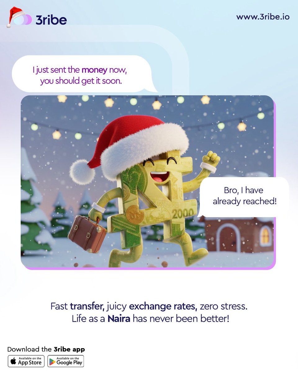 3ribe_io's tweet photo. Sent and received in record time 🎄💸 With 3ribe, your money does not hang around. 

Transfers move fast, exchange rates stay juicy, and every transaction feels smooth from start to finish.

3ribe keeps things simple and stress free. 

Download the 3ribe app today! 
.
.
.
#3ribe https://t.co/kyNrJWAoUn