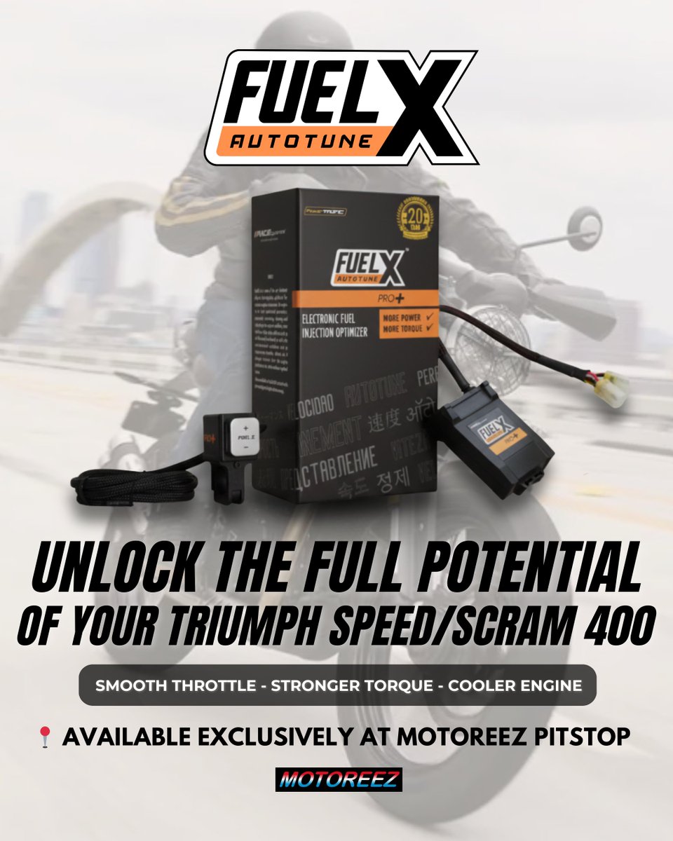 motoreez's tweet image. FuelX Autotune Pro+ unlocks smoother throttle, stronger torque, and cooler engine performance on the Triumph Speed 400 &amp;amp; Scrambler 400. Smart fuel optimisation that adapts as you ride — available at Motoreez Pitstop.
#Motoreez #FuelX #Triumph400 #BikeMods #MotorcyclePerformance