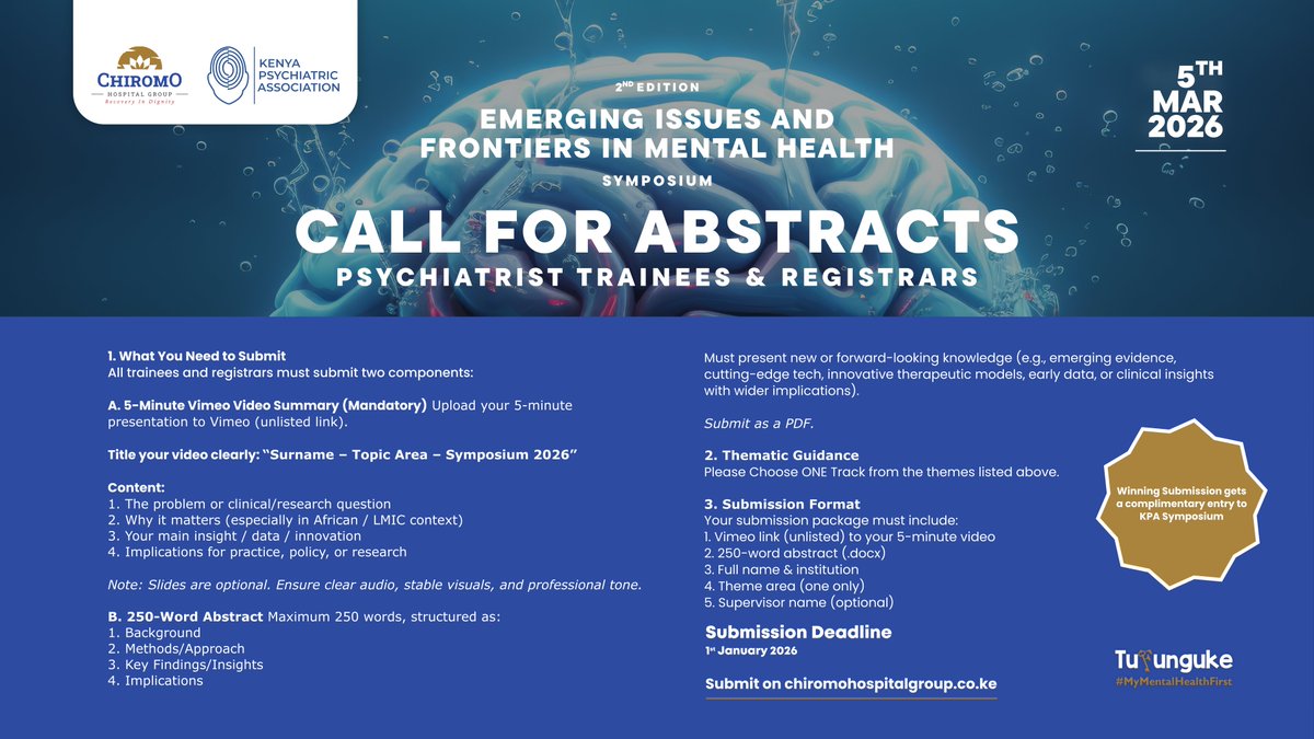 ChiromoHospGrp's tweet photo. Deadline Extended 🚨

Calling Psychiatrist Trainees &amp; Registrars to submit abstracts for the 2nd Emerging Issues &amp; Frontiers in Mental Health Symposium.

Themes and Guidelines on the Poster.

📅Deadline: 01/01/26
🌐Submit: https://t.co/dT7g4yA82w

#MentalHealthFrontiers#Tufunguke https://t.co/oNWtugjvDl