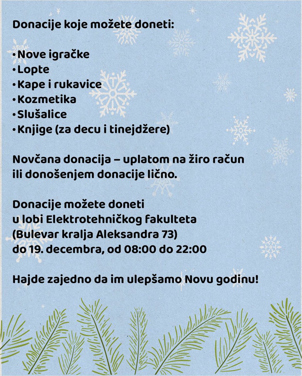U prazničnom duhu želimo da podelimo radost i učinimo da Nova godina počne lepše onima kojima je pomoć najpotrebnija. Zato prikupljamo donacije novogodišnjih paketića namenjene deci i mladima iz Svratišta, kao i deci iz Zvečanske, i pozivamo vas da nam se pridružite.

Sve