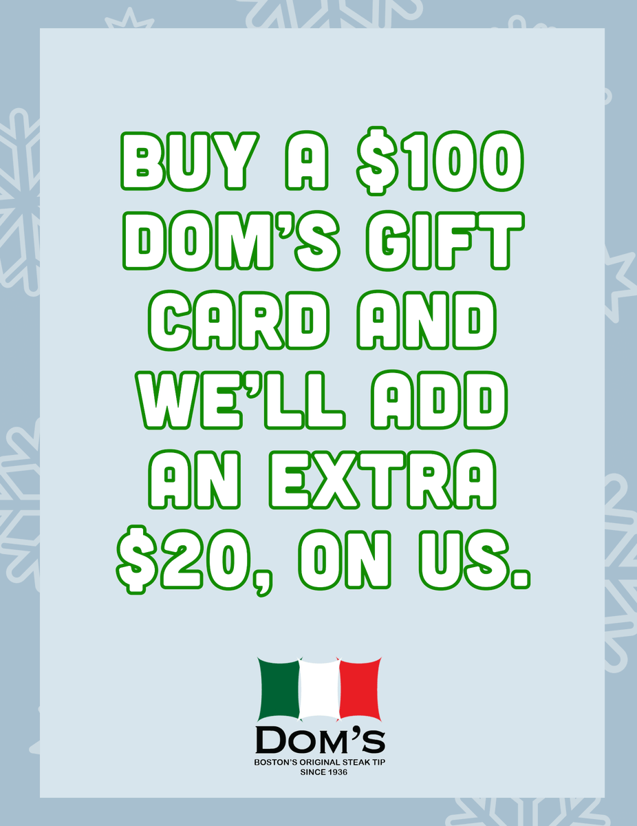 DomsSteakTips's tweet photo. Give the gift of flavor… and get a little bonus, too. 😎
Buy a $100 Dom’s gift card and we’ll add an extra $20—on us. Perfect for stocking stuffers, secret Santa, and the grill master in your life.
#DomsSausageCo #GiftCard #GiftGuide #SteakTips #MaldenMA https://t.co/5xHiNgw9cQ