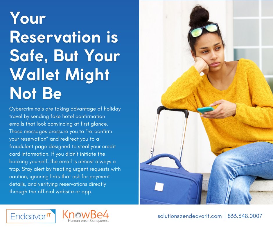 'Tis the season… for fake hotel confirmations. 🎄✈️

Scammers are blasting out “re-confirm your reservation” emails that demand your credit card on the spot. Cybercriminals are sneaky, but your awareness can combat them! Learn how to stay a step ahead: ow.ly/BAll50XIFoR