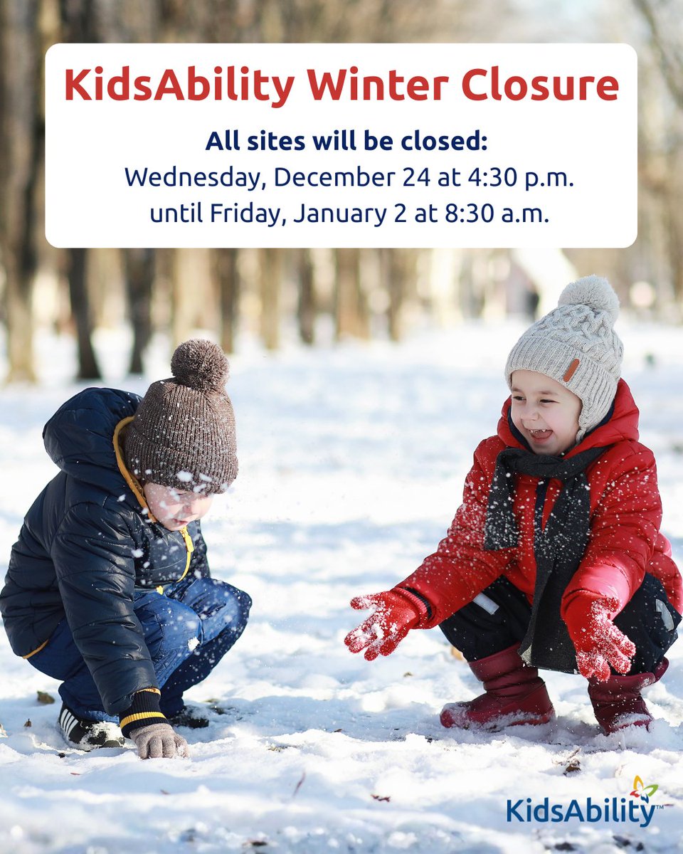 Happy Holidays from KidsAbility! 🎄 
 
All KidsAbility sites will be closed from Wednesday, December 24 at 4:30 p.m. and will reopen Friday, January 2 at 8:30 a.m. for our Winter closure. 

We look forward to seeing you in the new year!