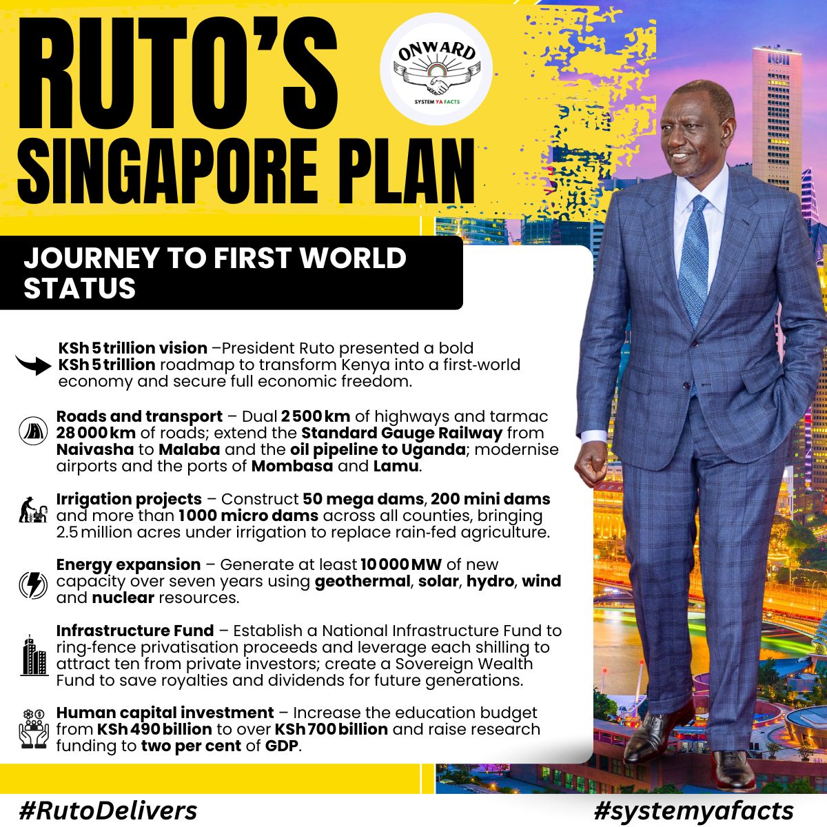 The establishment of a National Infrastructure Fund is a game-changer for financing development. It ensures strategic projects are insulated from short-term budget pressures. #RutosSingaporePlan, First World Status