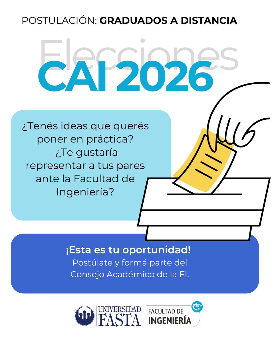 📣 Elecciones CAI 2026
⭐ Fecha límite de postulación: 31 de diciembre de 2025
➡️ Formulario: forms.gle/DMHwQM62dkfkTe…
📄 Documentación útil:
📘 Reglamento: drive.google.com/file/d/1T5ZkOW…
❓ Preguntas frecuentes: drive.google.com/file/d/1u5sRpp…
📬 Consultas: votacion.cai@ufasta.edu.ar