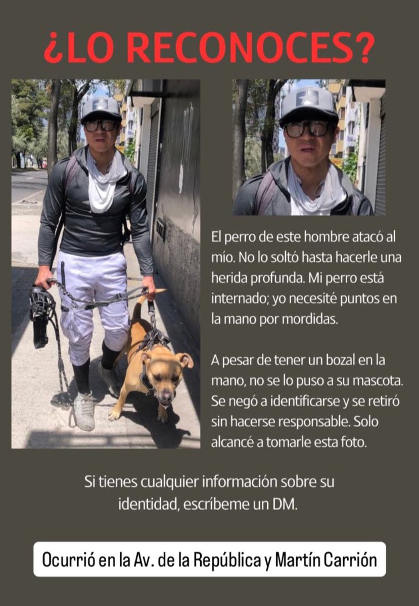 El perro de este hombre es peligroso e hirió a mi hermano y su perro
En lugar de poner el bozal al perro, el hombre lo tenía en la mano. Se negó a identificarse y se retiró sin hacerse responsable
Si lo reconoces🙏🏽DM
Mi hermano y su perro reciben tratamiento urgente
<a href="/UBAQuito/">Unidad de Bienestar Animal Quito</a>