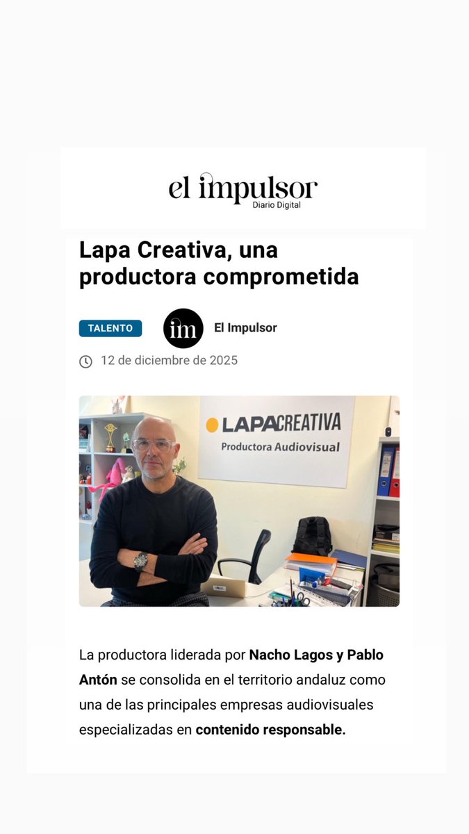Gracias <a href="/elimpulsordigit/">elimpulsor</a> por destacar nuestro trabajo y compromiso con un contenido responsable desde la perspectiva social ✨

¡Seguimos sumando! 🚀💪🏼✨

Lee completo aquí: elimpulsor.es/lapa-creativa-…

<a href="/nacholagos1/">Nacho Lagos</a> <a href="/patasarribacsur/">Patas Arriba</a> <a href="/Imbatibles49307/">IMBATIBLES con Fernando Díaz de la Guardia</a> <a href="/perrypabloanton/">Pablo Antón</a>