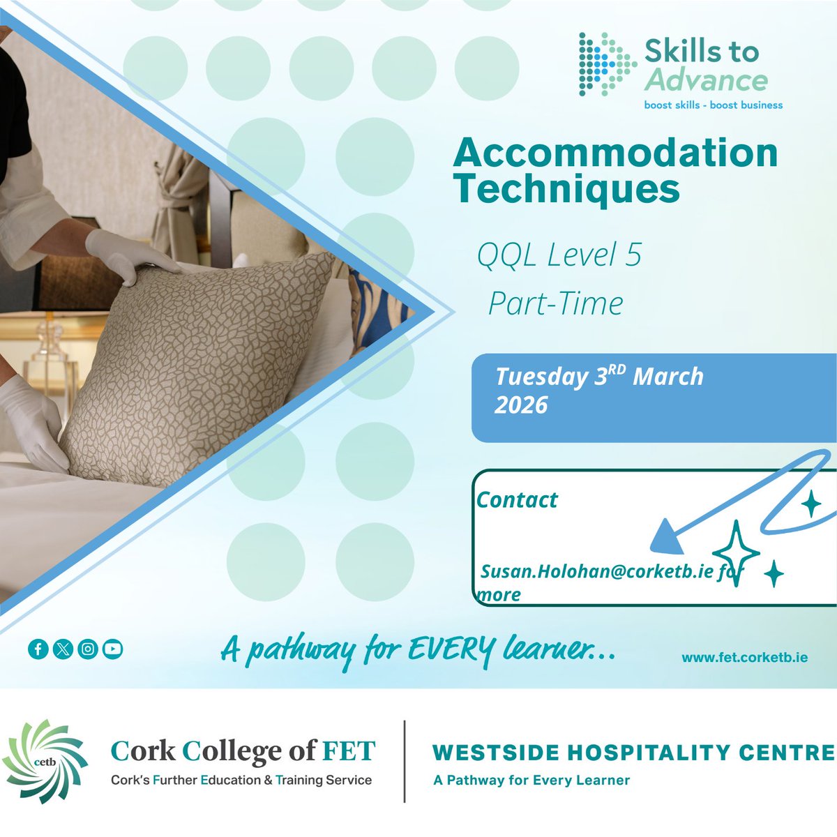 FETBishopstown's tweet photo. 💫 New Upskilling Opportunity for the Hospitality Sector 💫
We are excited to launch a new upskilling opportunity for the hospitality sector- QQI Level 5 Component Certificate in  Accommodation Techniques 

Fully funded #SkillstoAdvance

@CorkETB  @SOLASFET  
#ThisisFET https://t.co/t7mXVv3boG