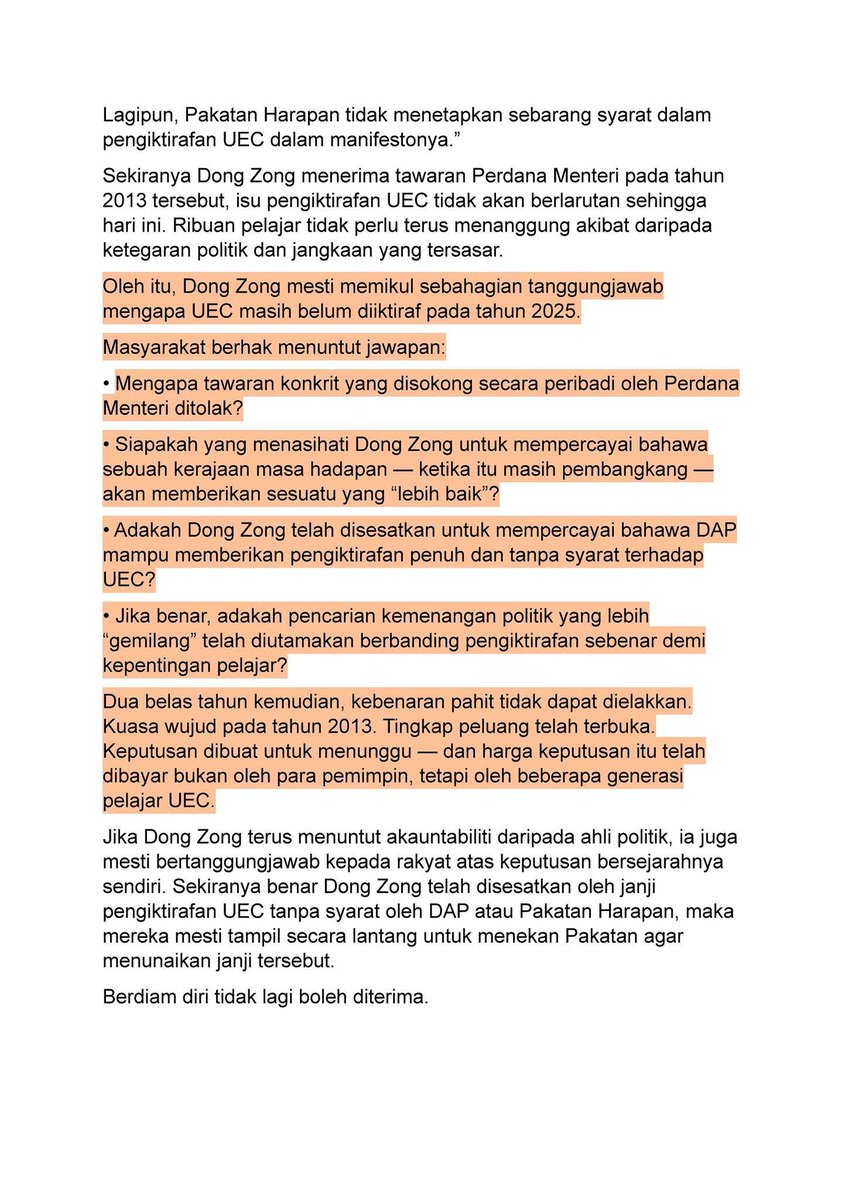 If this is true, then all the hate speech over UEC could have been avoided for the past decade  ...😡😡🤬

Quote.
• Why was a concrete offer, backed personally by the Prime Minister, rejected?
 • Who advised Dong Zong to believe that a future government — then in opposition —