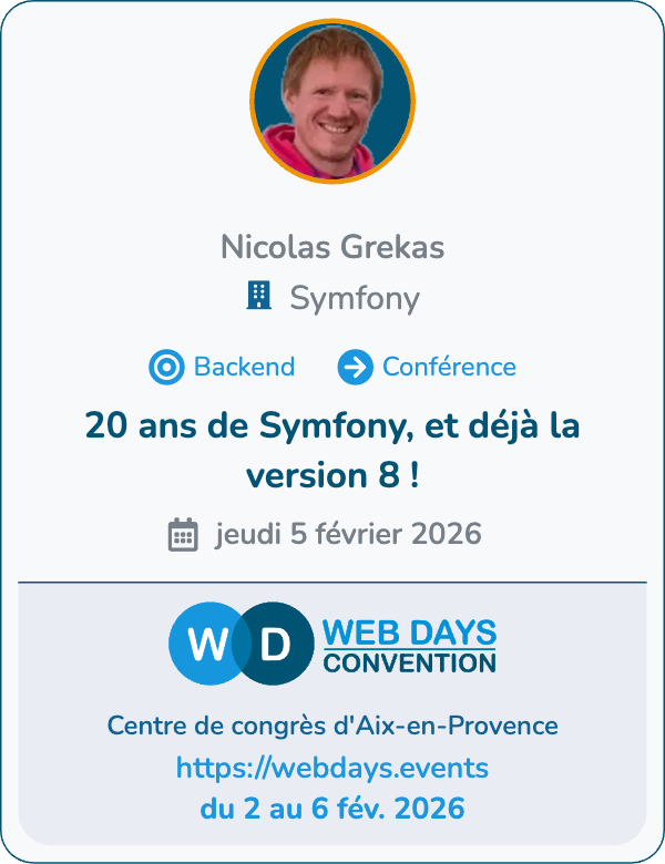 WebDaysEvents's tweet photo. ‼️ Conf #Backend de haut niveau aux #WebDays

🎤 @nicolasgrekas : core team #Symfony
👉 20 ans de Symfony… et déjà la version 8 !
https://t.co/fB2kAaWCpT

🎤 @dunglas : créateur de #FrankenPHP
👉 Le serveur applicatif qui réinvente l’écosystème PHP
https://t.co/czHjmZl508

1/3 https://t.co/imLQfVW2yv
