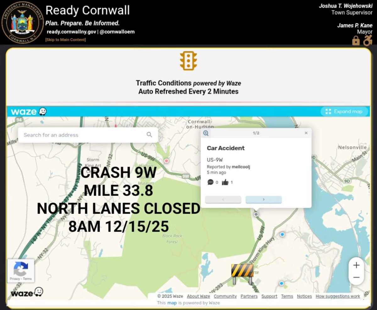 cornwalloem's tweet photo. Crash 9W Mile 33.8 
⚠️BLACK ICE USE CAUTION
🚧NORTH LANES CLOSED
8AM 12/15/25 https://t.co/6KVlyAvMiq