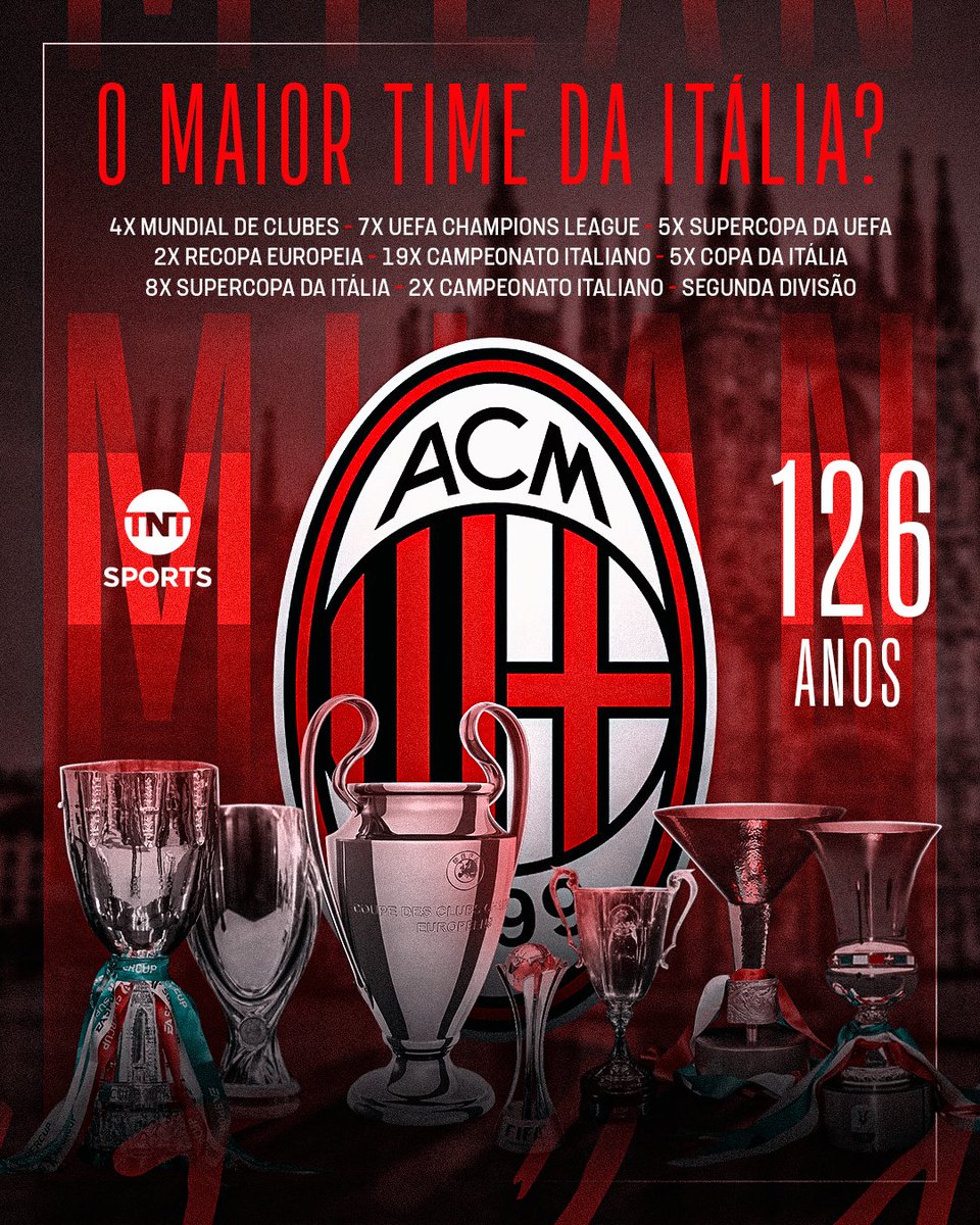 TNTSportsBR's tweet photo. ANIVERSÁRIO DE UM DOS GRANDES CLUBES DO FUTEBOL MUNDIAL! 🔴⚫🇮🇹 Fundado há 126 anos, o Milan coleciona títulos espetaculares em sua galeria de troféus e a gente quer saber: é o maior time italiano? 🤔 #MFM https://t.co/BoPvS1ziU8