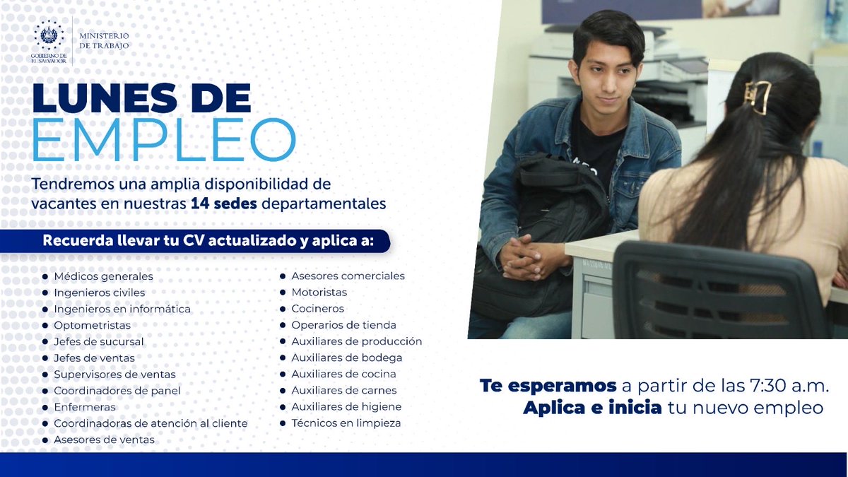 RolandoCastroSv's tweet photo. Hoy es Lunes de Empleo.

Si andas en busca de trabajo, acá están las vacantes disponibles 👇 https://t.co/GcutFhdQkX