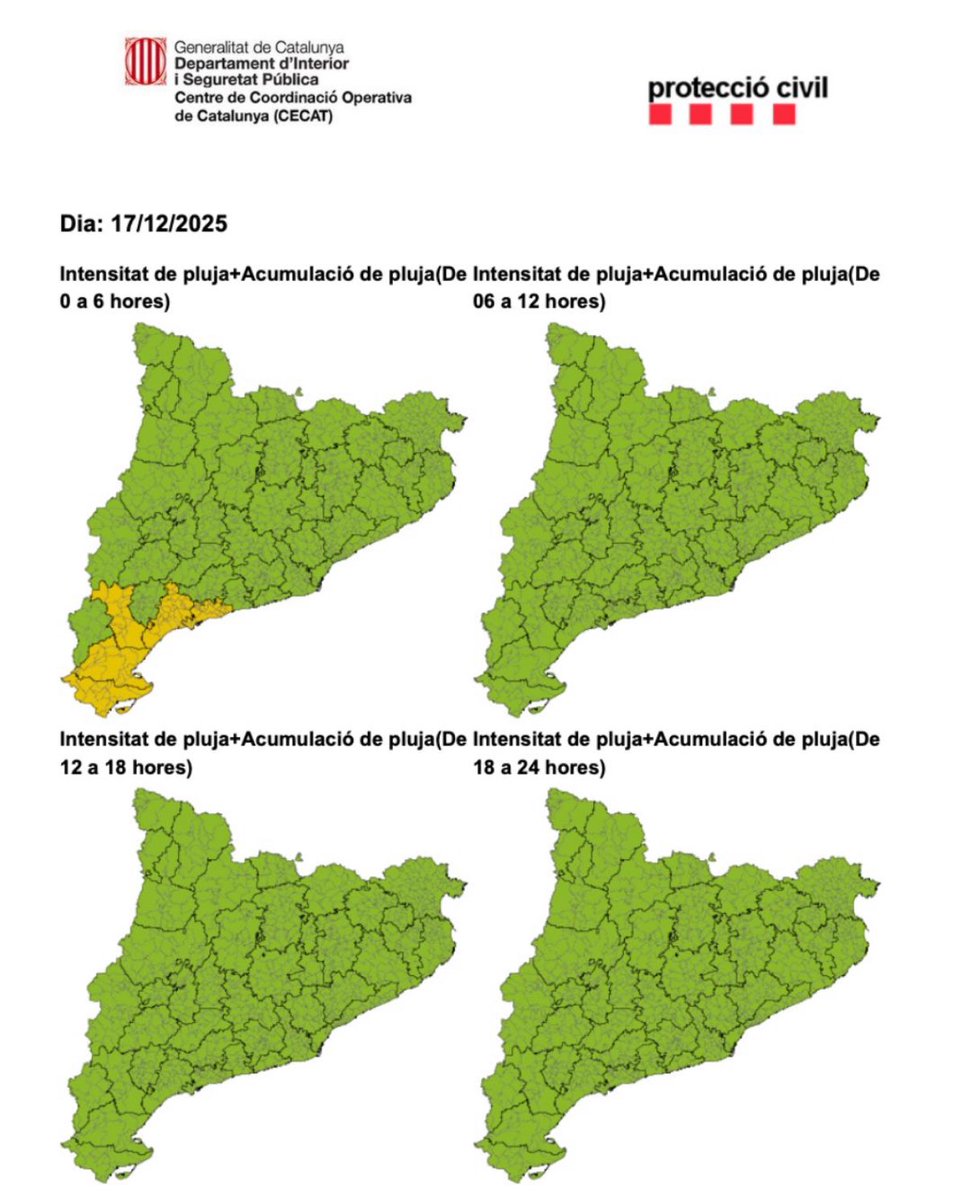 ⚠️ 𝗔𝗩𝗜́𝗦 | ALERTA DE L'#INUNCAT 🌊

📢 Previsió de fortes pluges
💧 Es poden superar els 200l/m² en 24 hores.
📆 Entre avui i la matinada de dimarts a dimecres.

🚗 Prudència en la mobilitat i activitats a l'exterior.
❗️ Precaució amb barrancs. 🚙

📞 <a href="/emergenciescat/">Protecció civil</a> 1️⃣1️⃣2️⃣