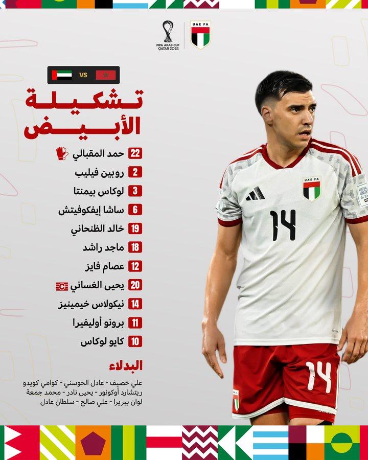 عاجل| تشكيلة منتخب الإمارات لمباراته مع المغرب في نصف نهائي كأس العرب تشهد مشاركة خالد الظنحاني بديلا لميلوني الموقوف ، والدفع بعصام فايز أساسيا في خط الوسط #صحيفة_الخليج 