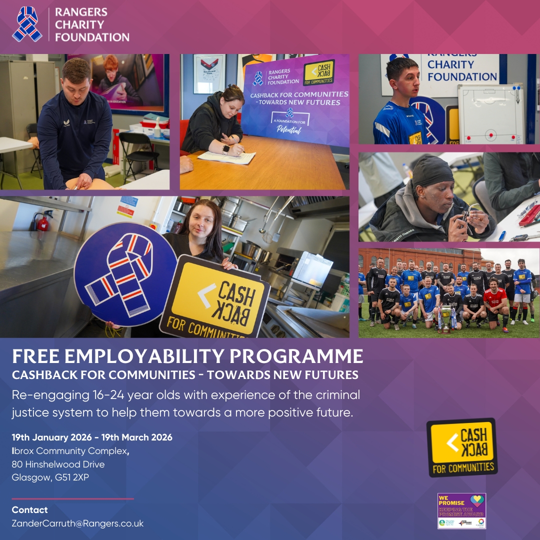 🤔 Ready for a fresh start?

Our next 8-week @CashBackScot – Towards New Futures programme begins on 19 January 2026.

Designed for 16–24 year olds with experience of the justice system, this course supports you to move forward and work towards a more positive future.

Learn more 