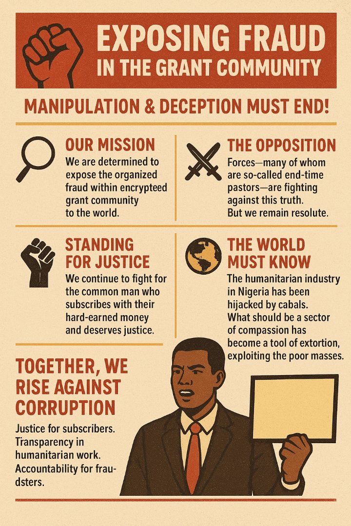 DecideGrant2025's tweet photo. 🚨 Manipulation & Deception Must End!
The grant community has become a playground for fraudsters. We’re pulling back the curtain.
@ARISEtv @ABCWorldNews
@alfranken @FemiFalana19 @Journal_UN_ONU @IntlCrimCourt @FLOTUS45 @daily_trust @DonaldJTrumpJr #ExposeTheScam #GrantWatch https://t.co/YbsBop1e3G