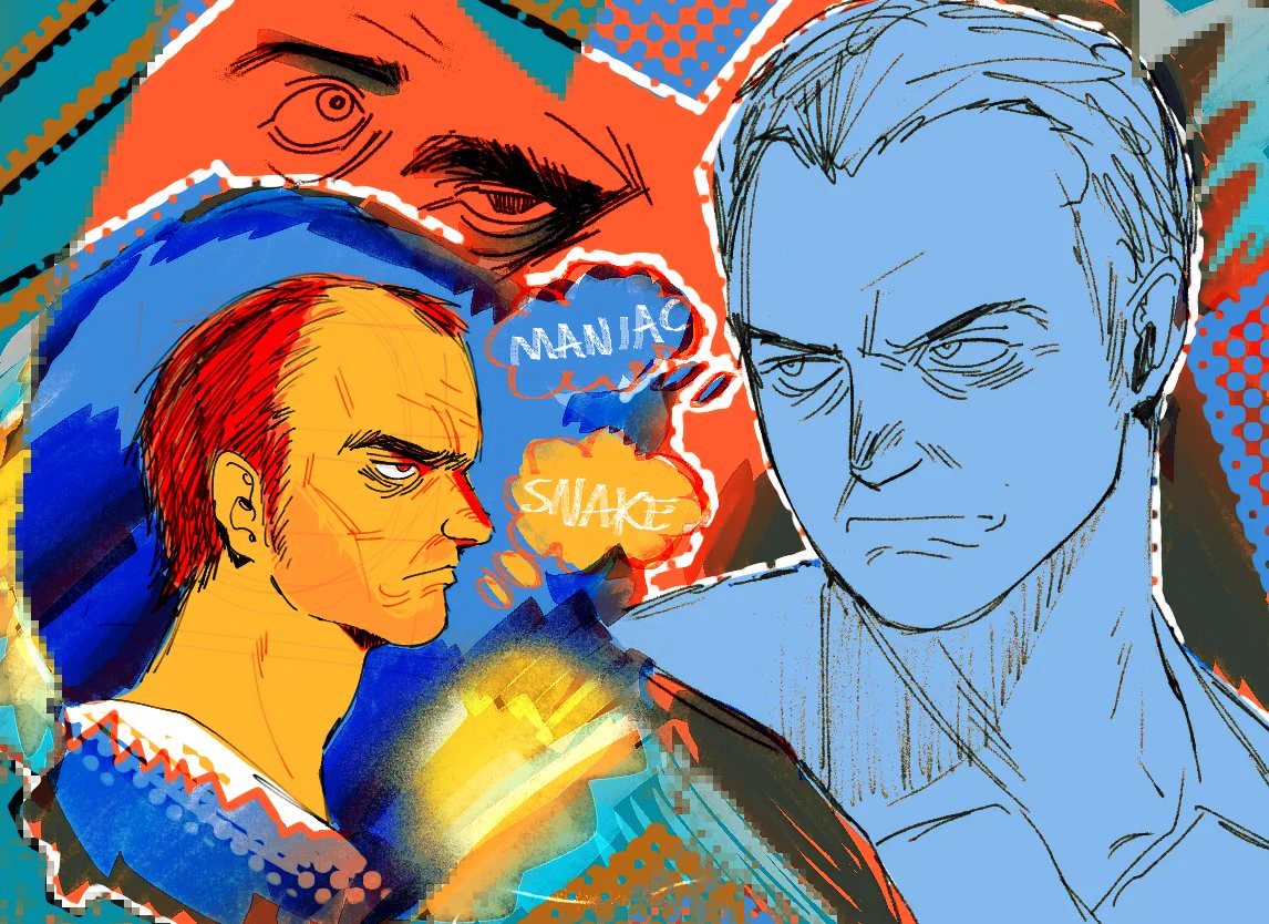 fan art of trevor philips and michael de santa from grand theft auto 5 in an orange, yellow, teal and blue palette. michael in blue has a thought bubble that says 'maniac', while trevor in a bright orange thinks 'snake'.
doodles of their eye shapes are also at the top.