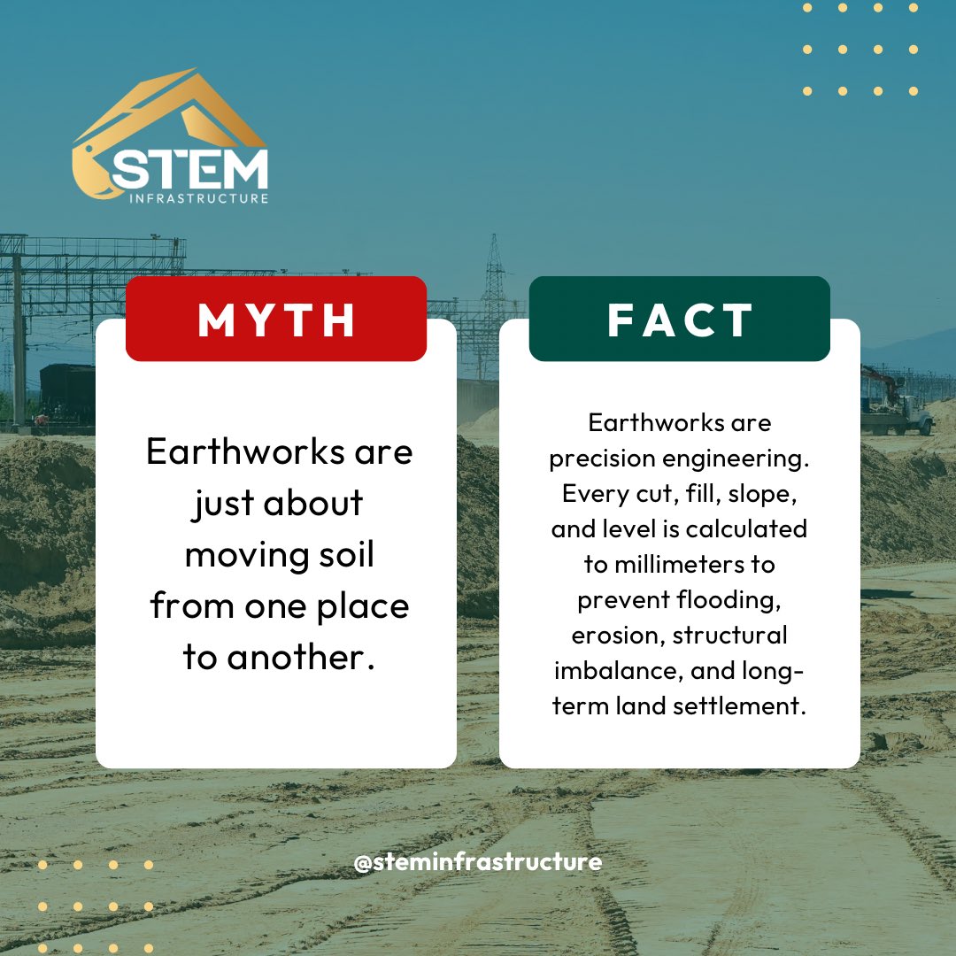 steminfra's tweet photo. STEM Infra uses planned grading, accurate leveling, and controlled compaction to turn raw land into construction-ready ground. Choose precision, choose STEM Infra!
#steminfra #earthworks #mythvsfact https://t.co/mF8tCcEk9w