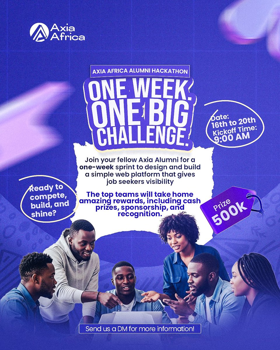 axiaafrica's tweet photo. Axia Africa Alumni, it’s time.
We’re officially announcing a one-week hackathon designed for our community to collaborate, build, and showcase their skills.

All participation details, requirements, and next steps are already live in the Axia Alumni Community group. Kindly check the group to stay updated and get involved.

May the best team win! 💙
#AxiaAfrica #AxiaAlumni #AxiaCommunity #HackathonAtAxia