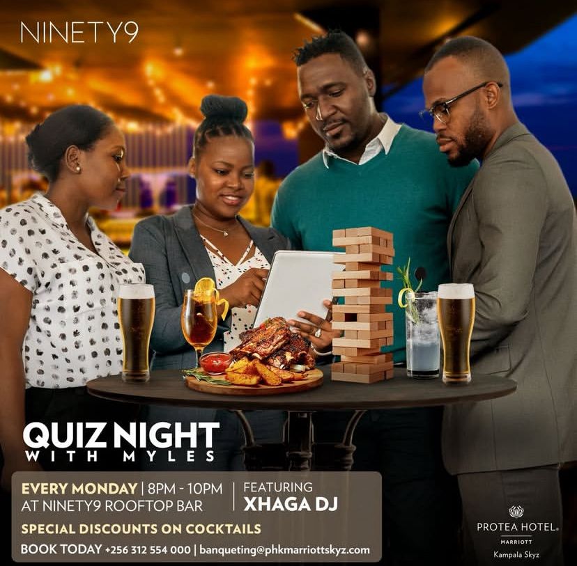 SkyzHotel's tweet photo. Brain + Buzz = Best Combo! 
Join our Quiz Night tonight, 8–10 PM at Ninety 9 Rooftop Bar.

Sip cocktails at special prices, challenge your friends, and claim the trivia crown! 

Call now: +256 312 554 000
#QuizNightFun #RooftopChill #CocktailSpecials #TriviaLovers #Ninety9Rooftop https://t.co/uIwZTRSCrf