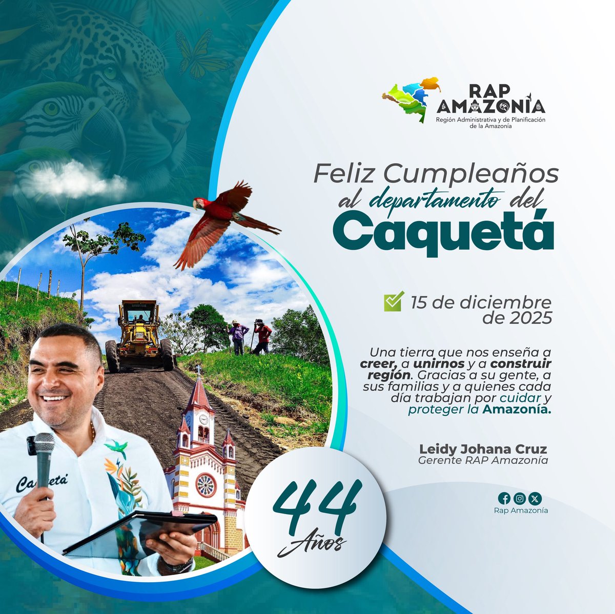 ¡Feliz cumpleaños, Caquetá! 🎊Hoy celebramos 44 años de un Caquetá lleno de esperanza, esfuerzo y compromiso con la Amazonía. 🌳☘️🦋 Un departamento que sigue creciendo, construyendo región y cuidando su riqueza natural para las futuras generaciones.