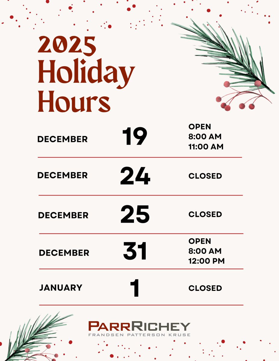 Please see our upcoming holiday hours below. Wishing everyone a happy and safe holiday season! 🎄