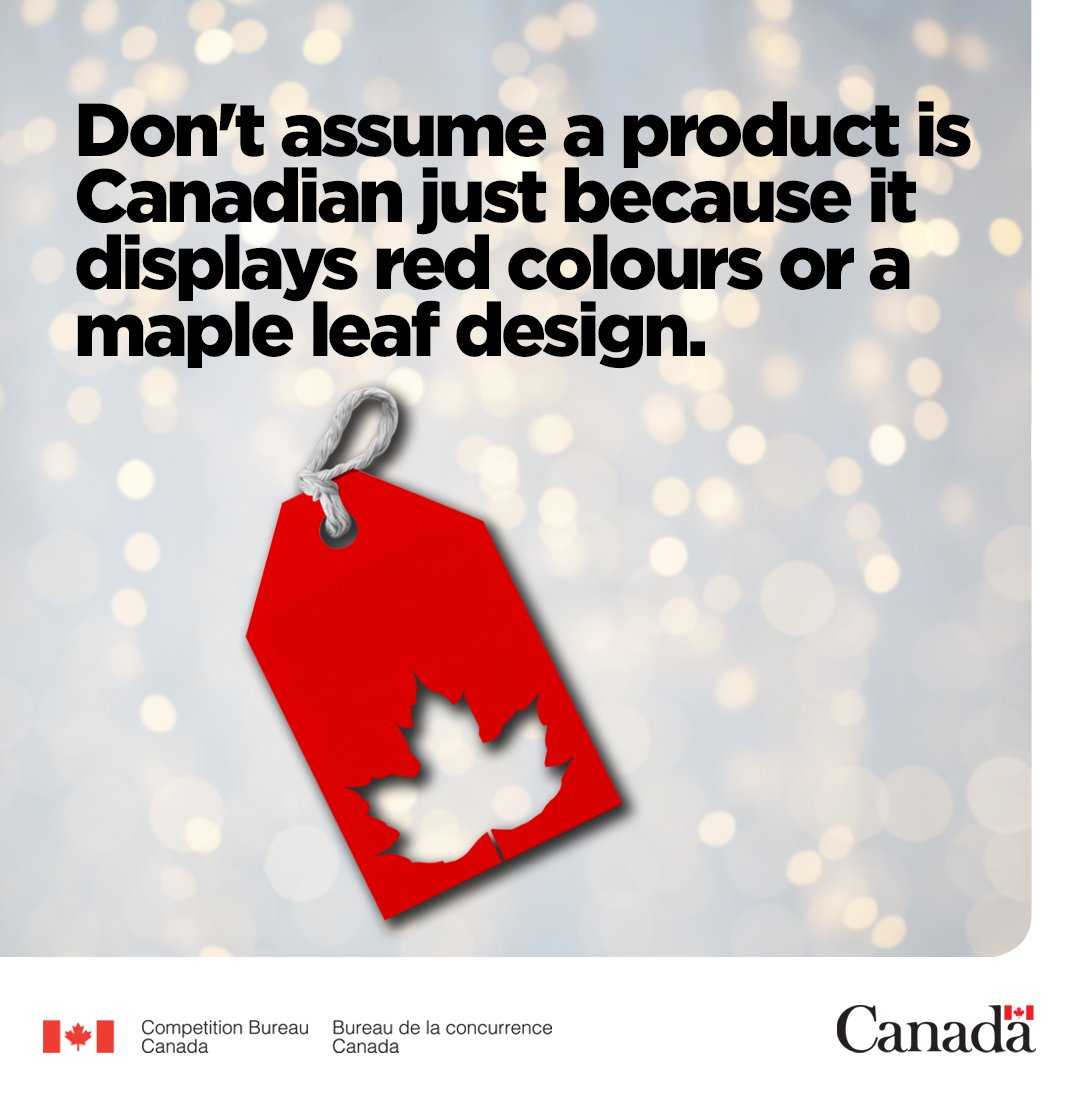CompBureau's tweet image. Are #MadeInCanada gifts on your holiday shopping list? 📜

Don’t assume a product is Canadian just because it displays red colours or a maple leaf design.

Avoid falling for misleading claims with our guide: competition-bureau.canada.ca/en/deceptive-m…